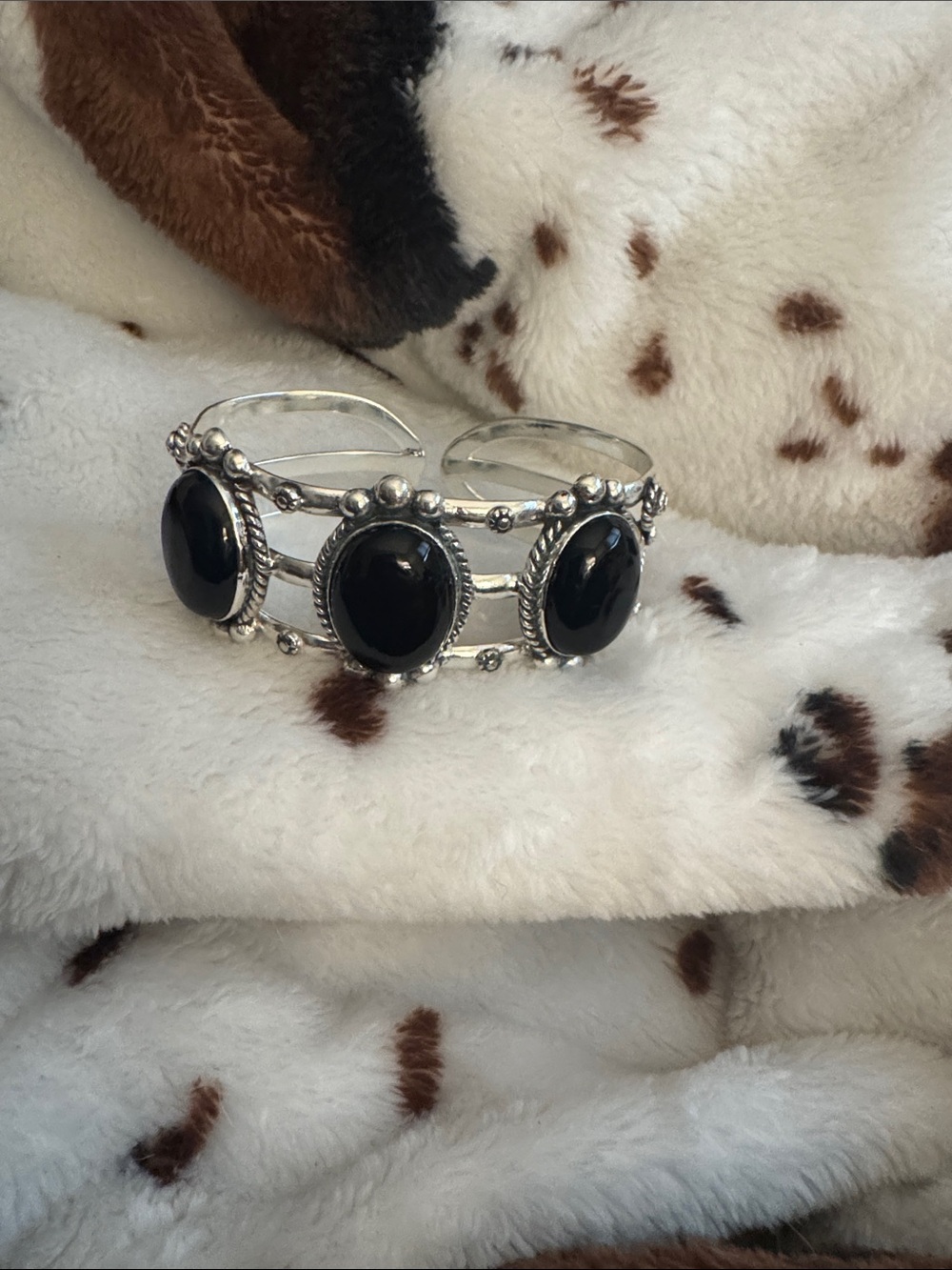 Black Onyx Triple-Panel 925 Silver Cuff Bracelet